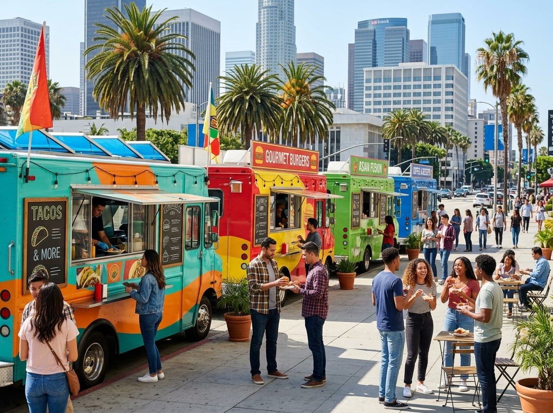 A street with several colorful food trucks and people ordering and eating food outdoors in a sunny city setting.