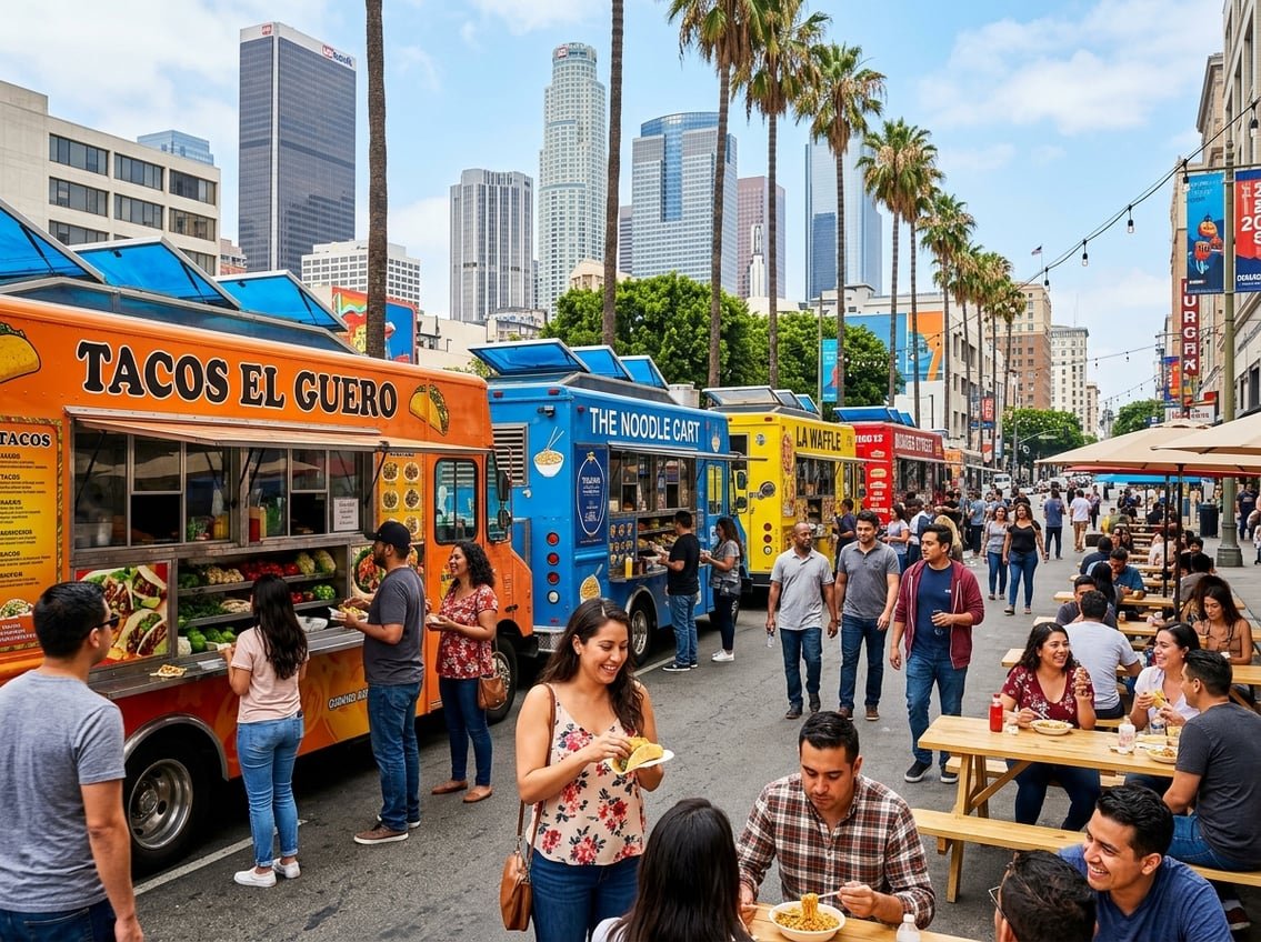 People enjoying meals from colorful food trucks parked along a sunny street in Los Angeles with palm trees and buildings in the background.