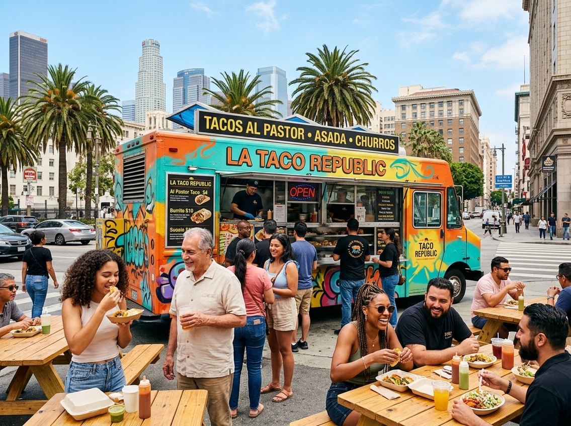 People enjoying food from a colorful food truck on a sunny Los Angeles street with palm trees and city buildings in the background.