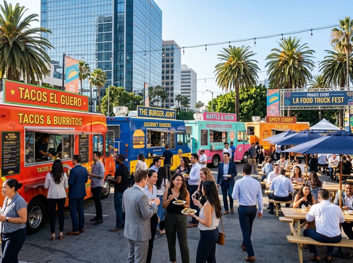 People enjoying food from multiple colorful food trucks at an outdoor private event in a city setting with palm trees and modern buildings.
