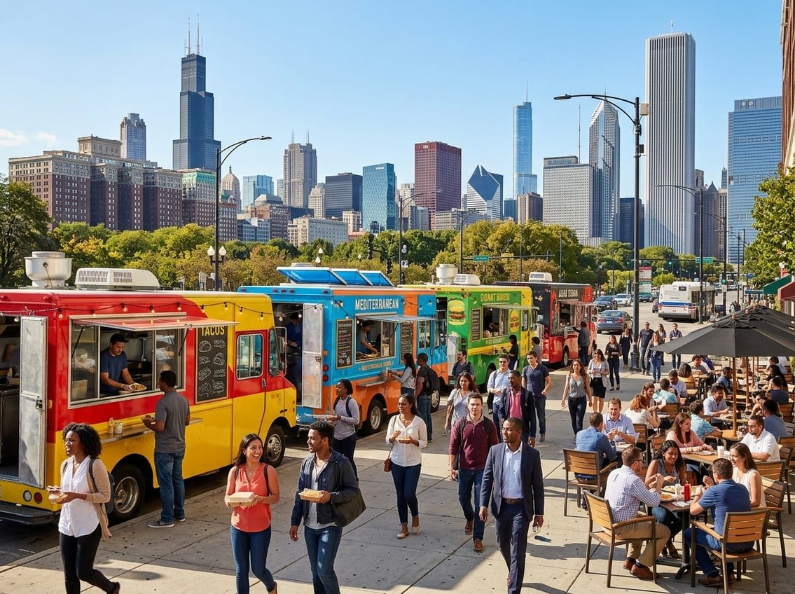 A busy street in Chicago with several colorful food trucks and people eating and socializing outdoors.