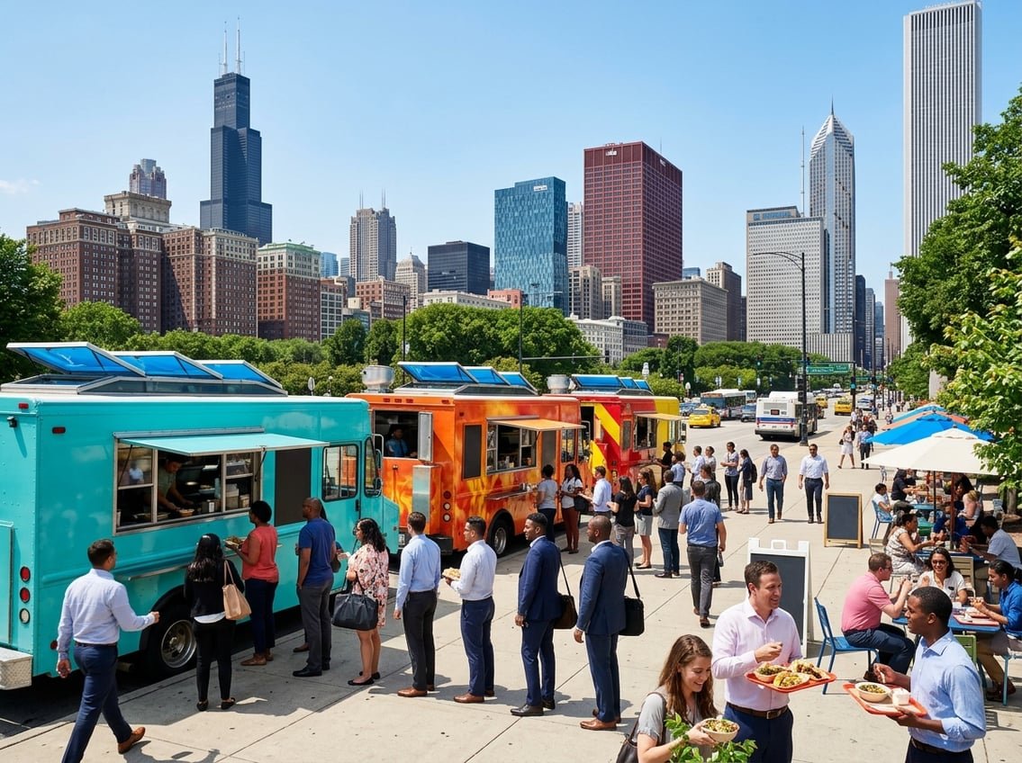Several colorful food trucks parked on a busy Chicago street with people ordering and eating food outdoors.