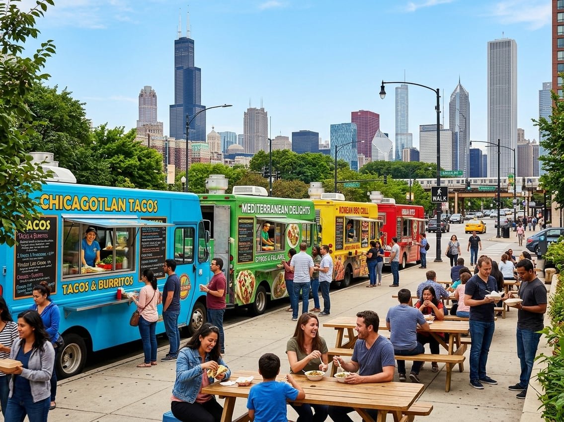 A busy Chicago street with colorful food trucks and people eating outdoors, with the city skyline in the background.