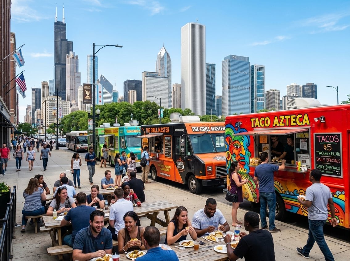 A busy Chicago street with colorful food trucks and people eating outdoors, with the city skyline in the background.