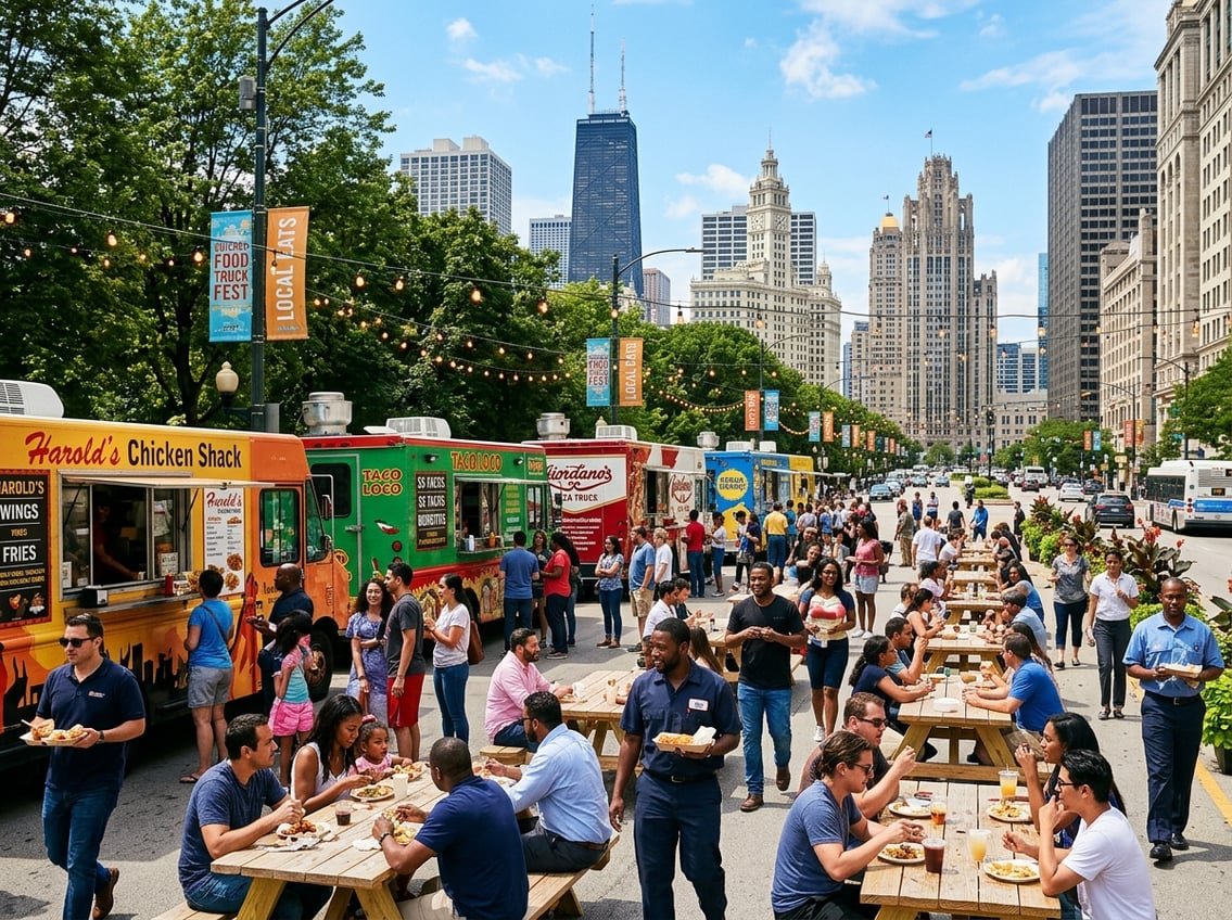 People enjoying food from several colorful food trucks at an outdoor event in a city street with tall buildings in the background.
