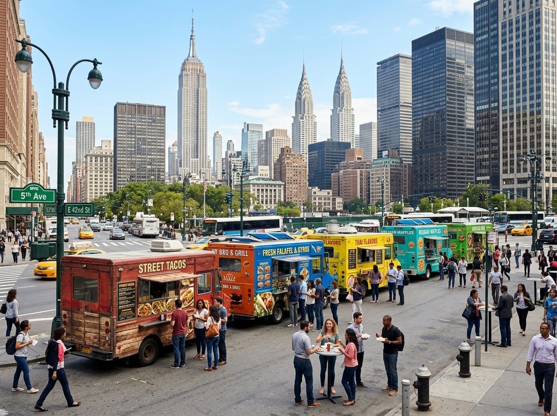 Food trucks lined up on a busy street in New York City with people ordering food and tall buildings in the background.