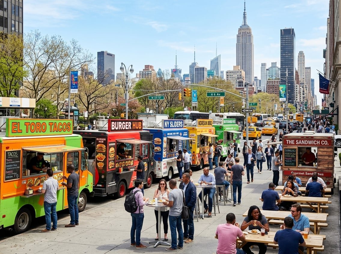A busy New York City street with several food trucks and people enjoying food outdoors.