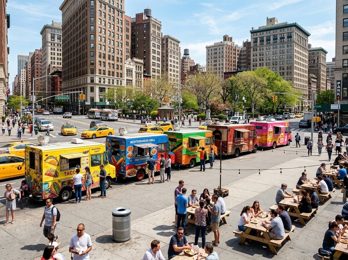 A busy New York City street with colorful food trucks and people enjoying street food outdoors.
