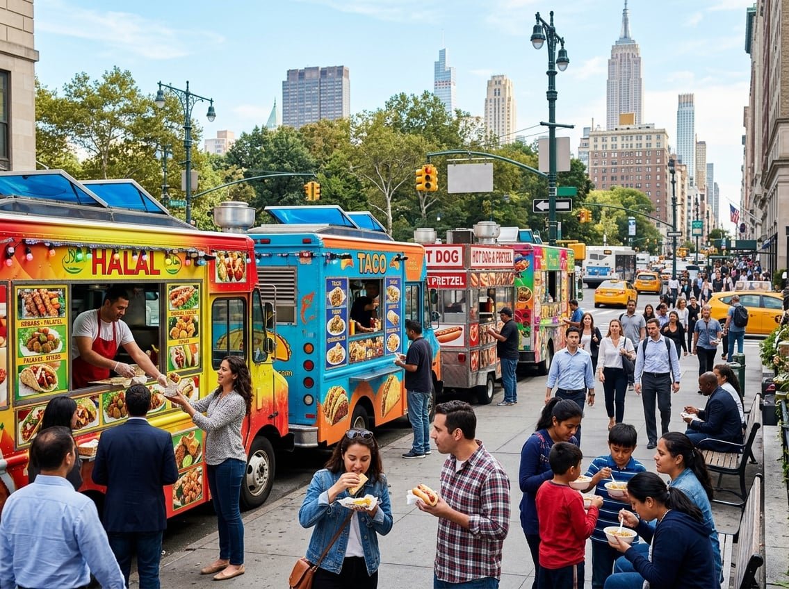 A busy New York City street with colorful food trucks and people enjoying street food on a sunny day.