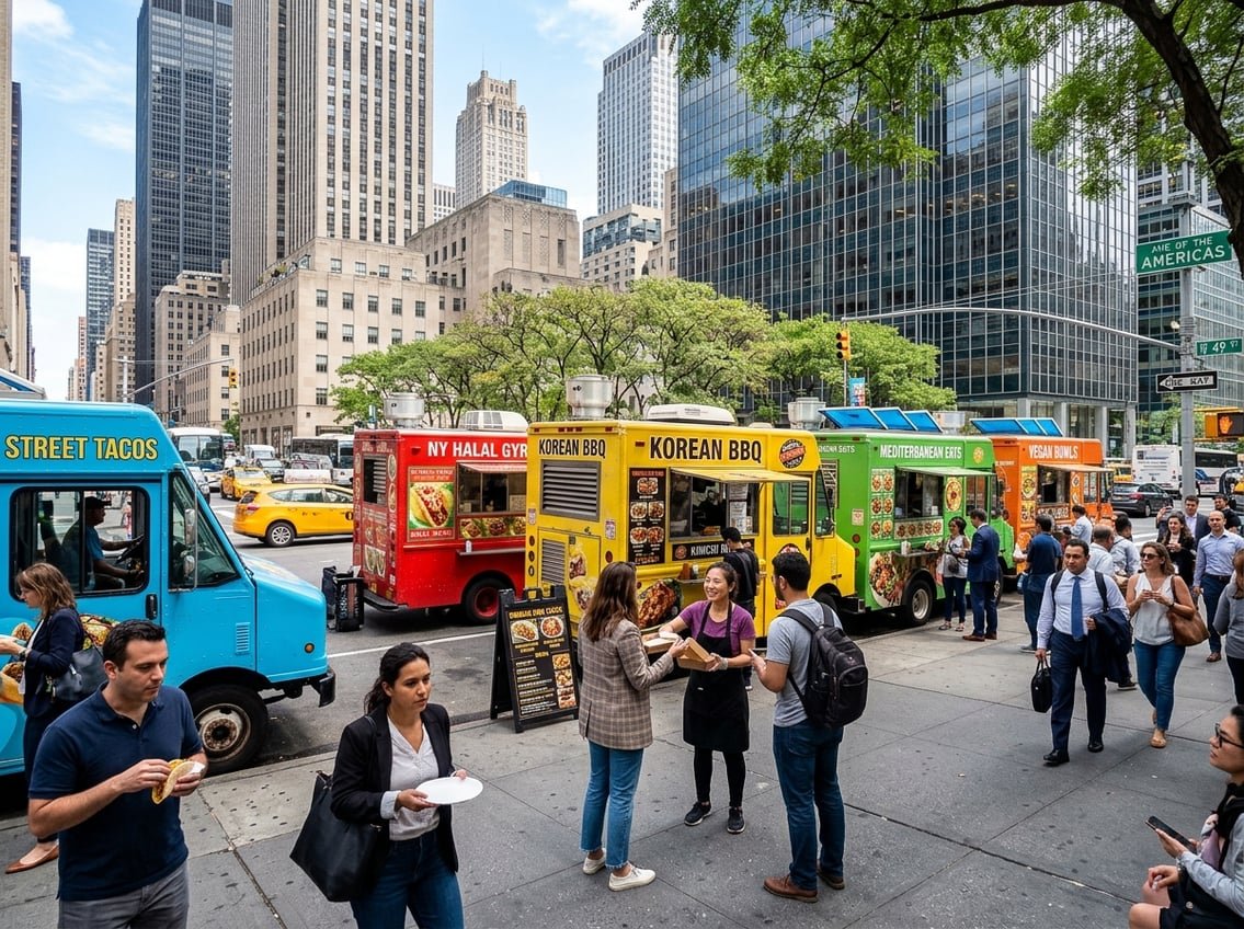 A busy New York City street with several food trucks and people ordering food during the day.