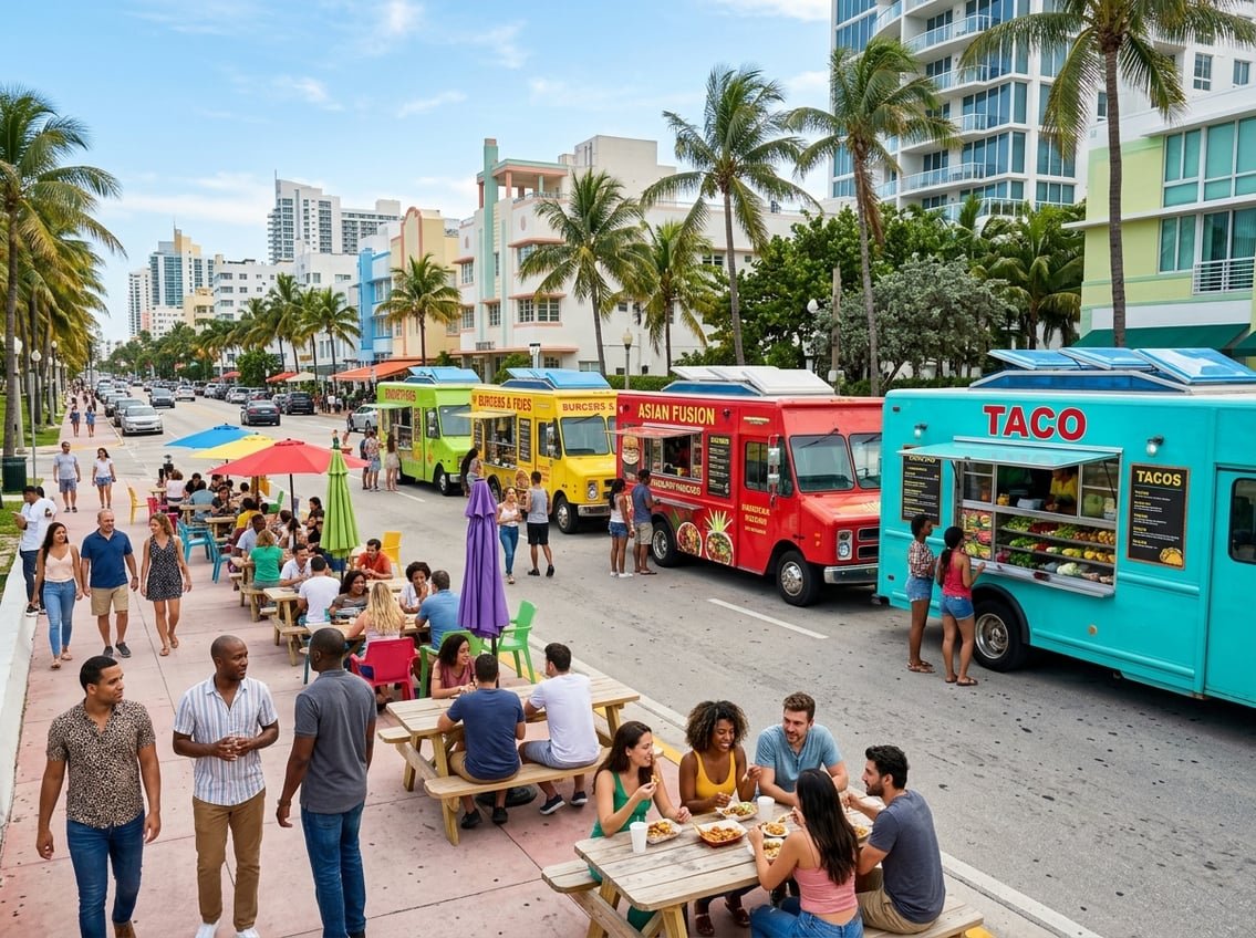 Multiple colorful food trucks lined up on a sunny Miami street with people eating and socializing nearby under palm trees.