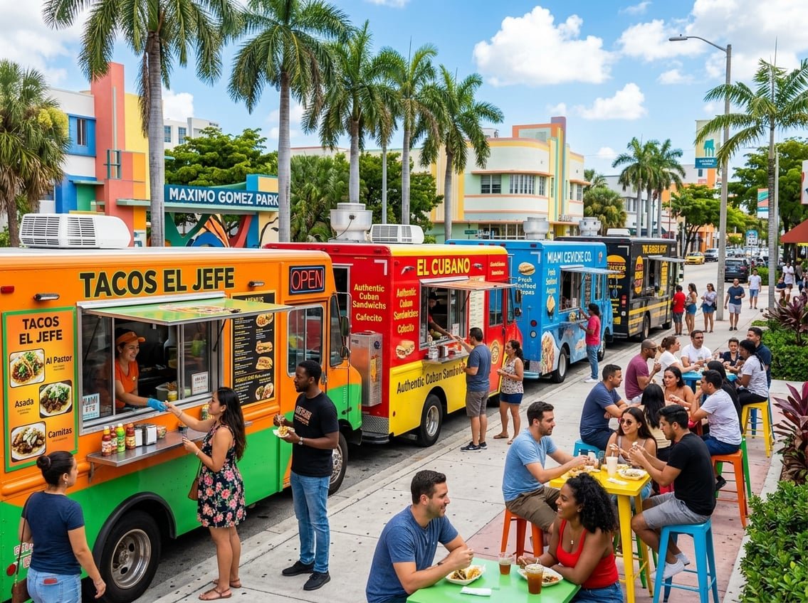 A busy Miami street with colorful food trucks and people enjoying street food under palm trees on a sunny day.
