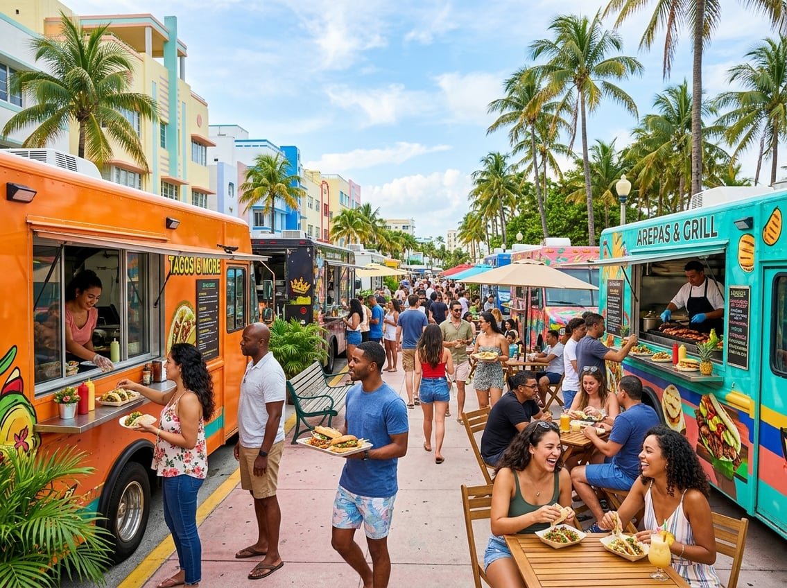 People enjoying food from colorful food trucks on a sunny street lined with palm trees in Miami.