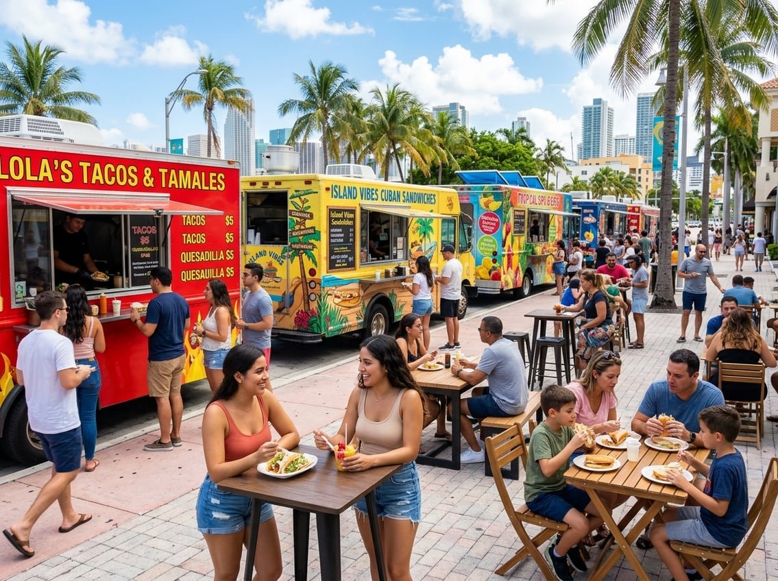 People enjoying meals from colorful food trucks on a sunny street lined with palm trees in Miami.