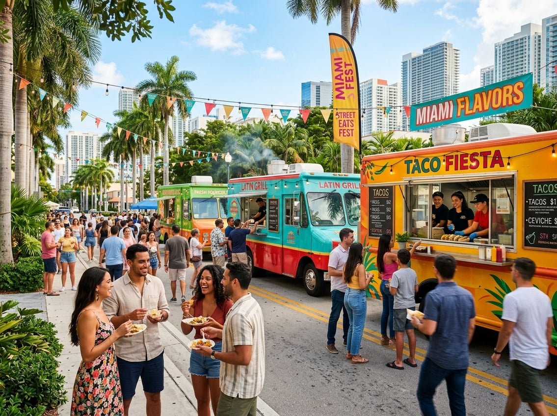 People enjoying a lively outdoor event with colorful food trucks parked along a palm tree-lined street in Miami on a sunny day.