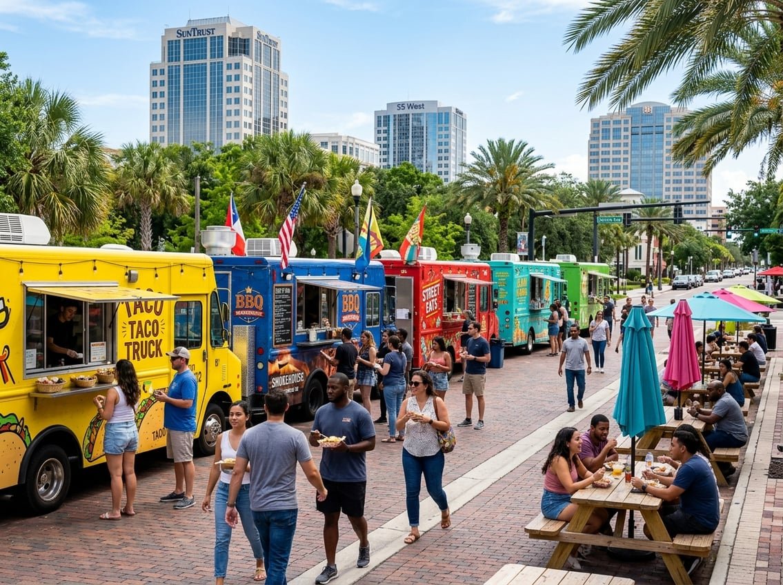 A sunny outdoor scene with several colorful food trucks parked on a street in Orlando, people ordering and eating food, palm trees, and city buildings in the background.