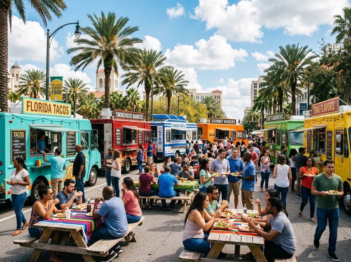 People enjoying meals from colorful food trucks parked on a sunny street lined with palm trees in Orlando.
