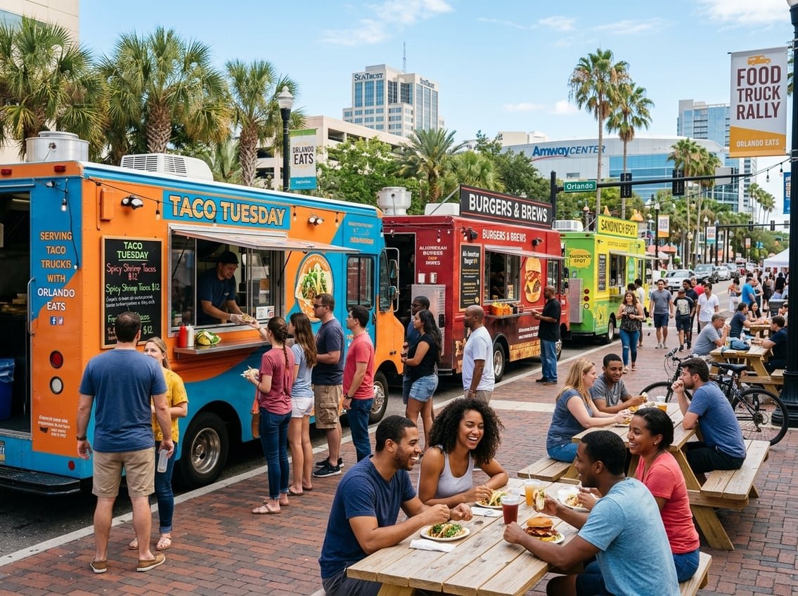 People enjoying a sunny outdoor food truck area in Orlando with several colorful food trucks and customers eating and ordering food.