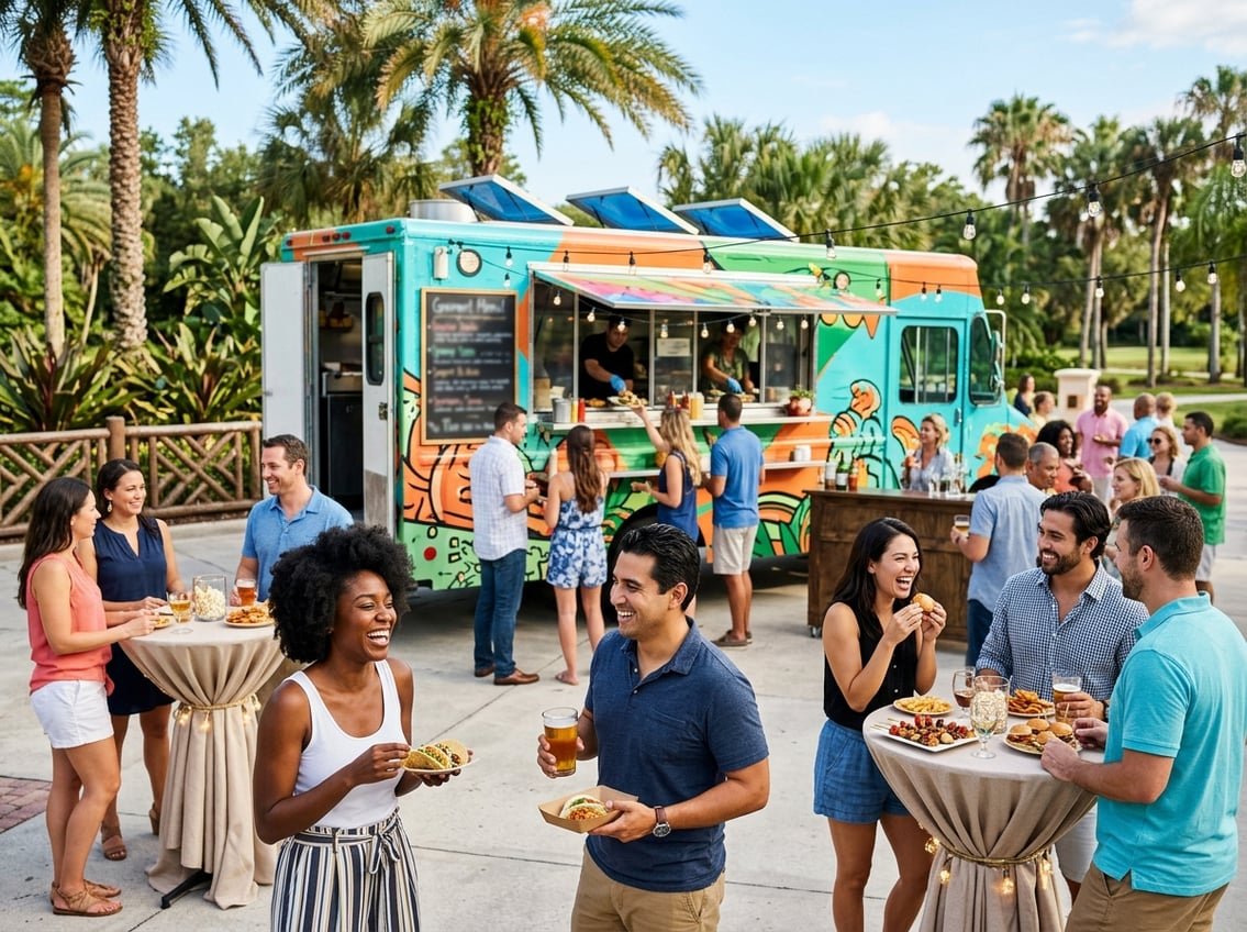 People enjoying food from a colorful food truck at an outdoor private event in a sunny park with palm trees.