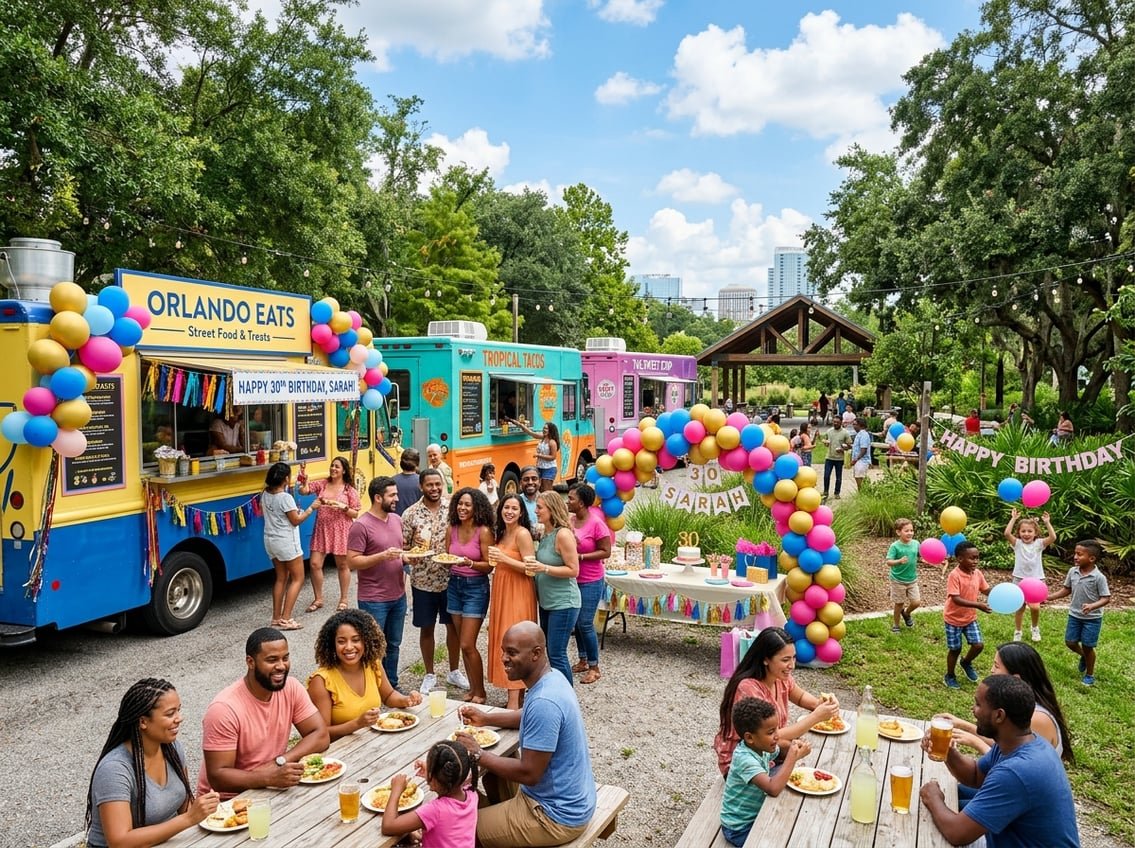 People enjoying food trucks at an outdoor birthday party in a sunny park with trees and decorations.