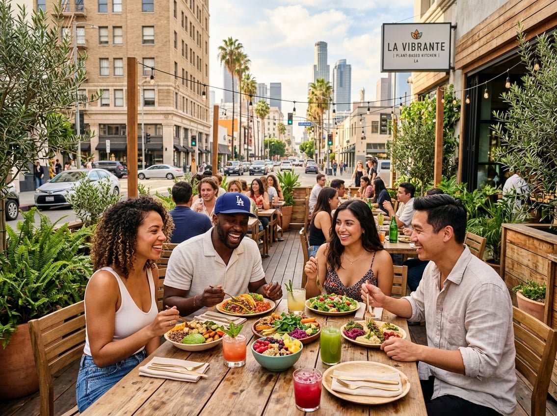 People enjoying colorful vegan meals at an outdoor restaurant patio in Los Angeles with green plants and city buildings in the background.