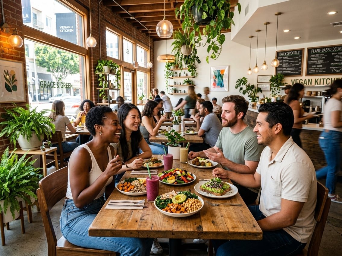 People enjoying colorful vegan meals at a modern restaurant table with plants and natural light.