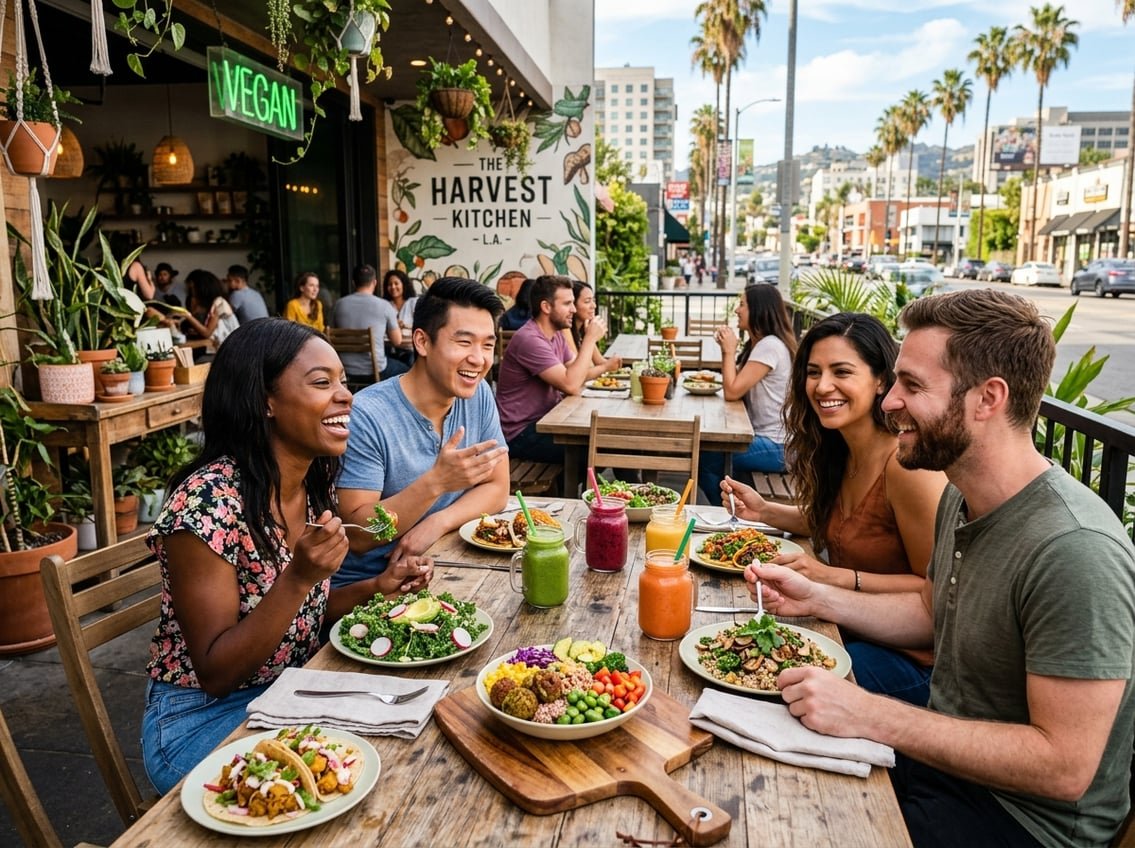 People enjoying colorful vegan meals at an outdoor restaurant patio with greenery and city buildings in the background.