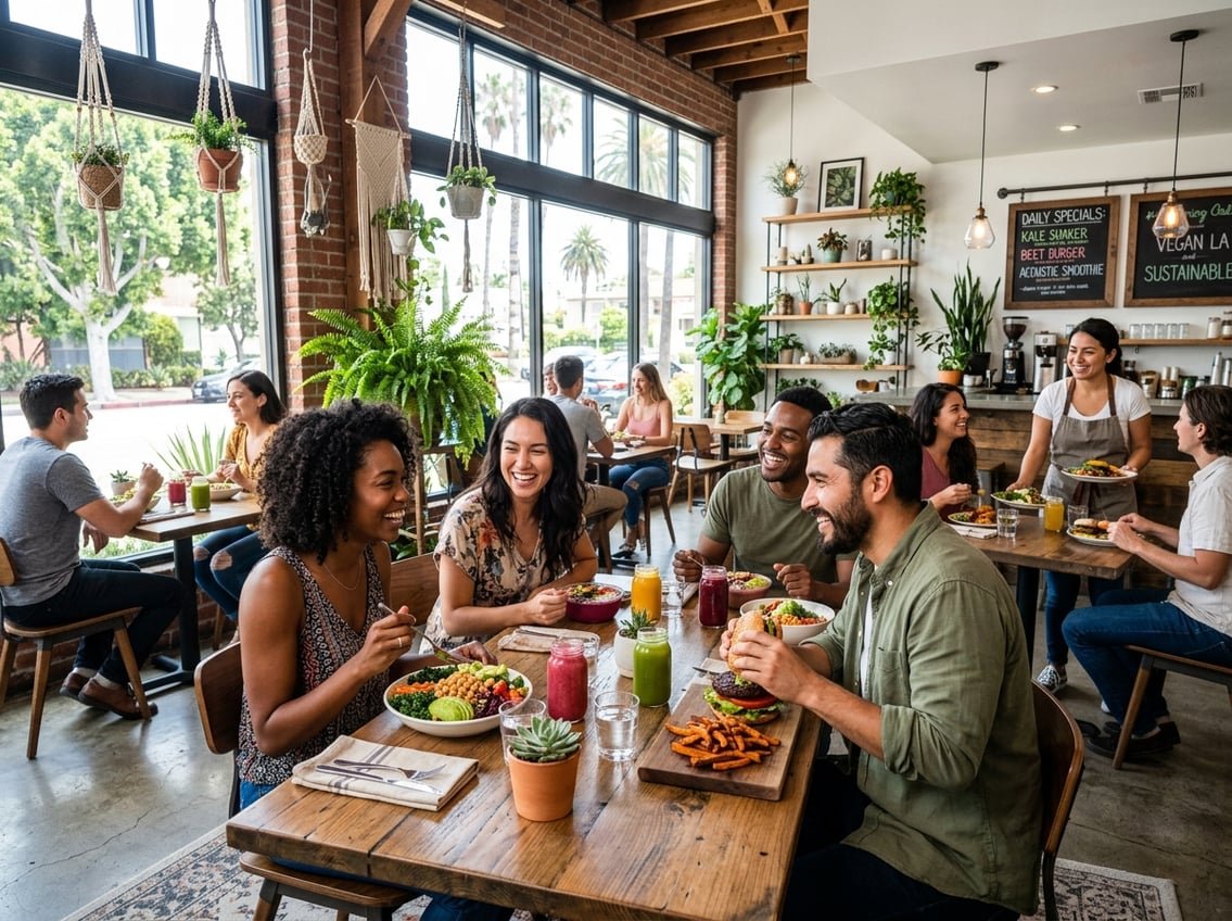 People enjoying fresh vegan meals together in a bright, modern restaurant with natural light and green decor.