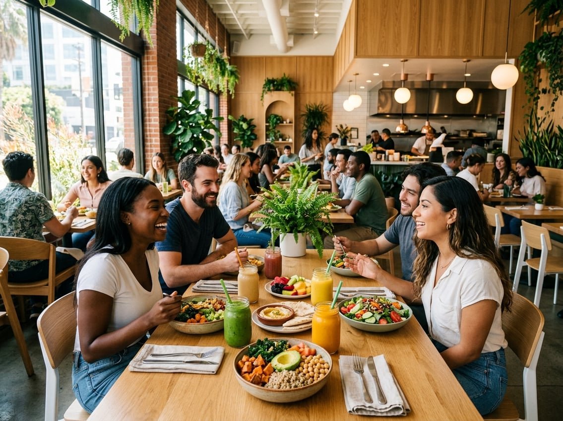 A bright restaurant interior with people enjoying colorful vegan meals at a table surrounded by plants and natural light.