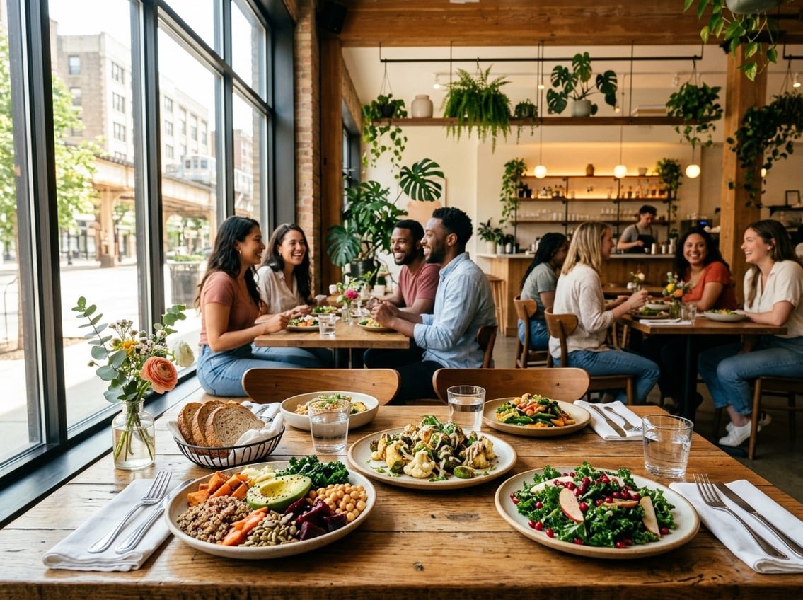 A modern vegetarian restaurant interior with a table full of colorful vegetarian dishes and people enjoying their meals.