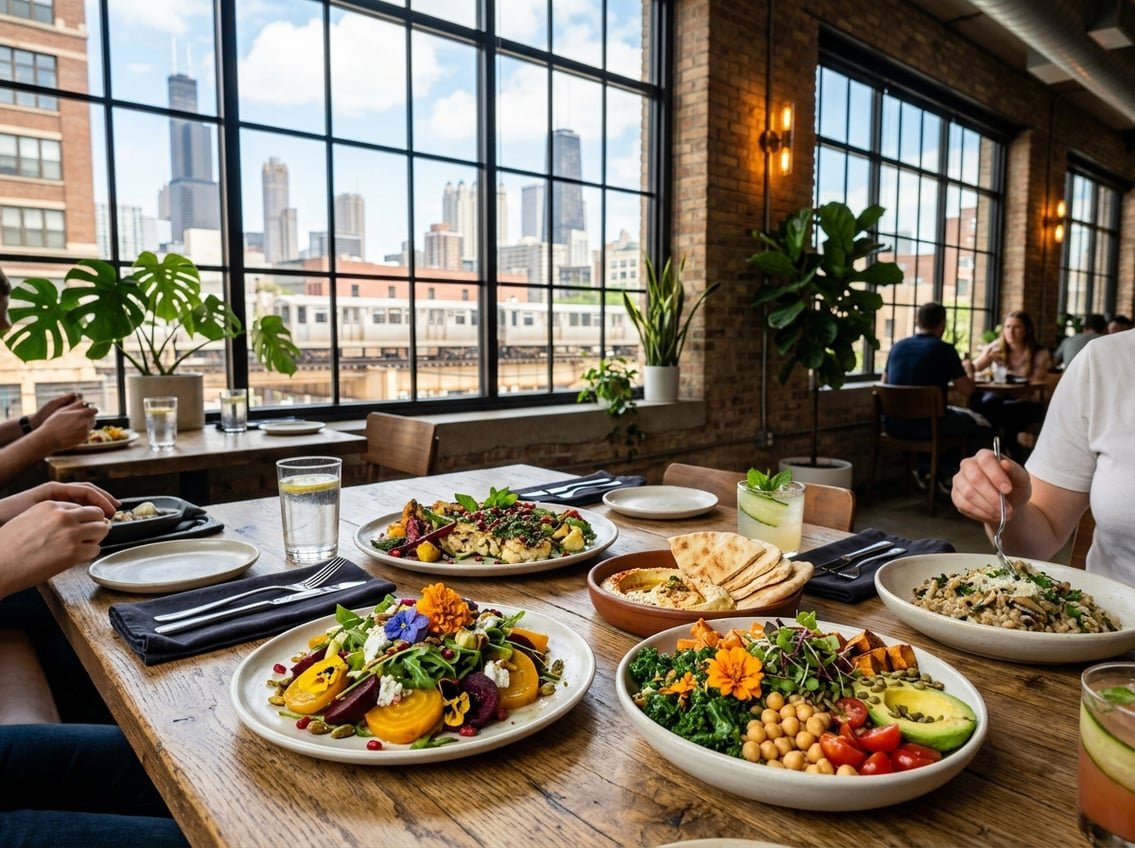 A table with colorful vegetarian dishes in a modern restaurant with large windows and a view of the Chicago cityscape.