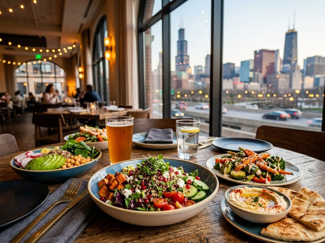 A table set with colorful vegetarian dishes in a modern restaurant with city views in the background.