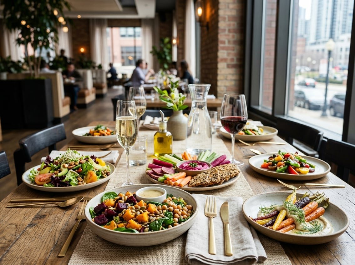 A table set with a variety of colorful vegetarian dishes in a modern restaurant interior.