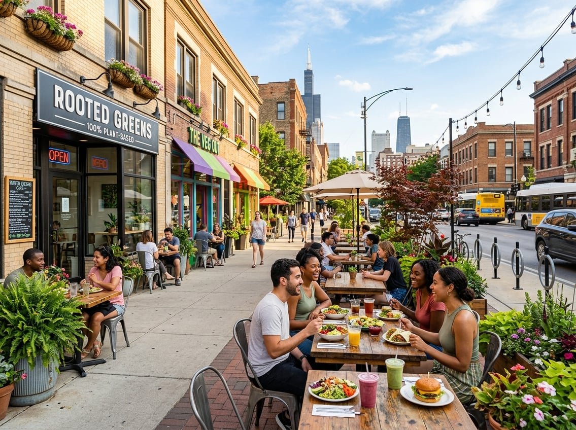 People dining outdoors at vegetarian restaurants on a busy Chicago street with plants and city buildings in the background.