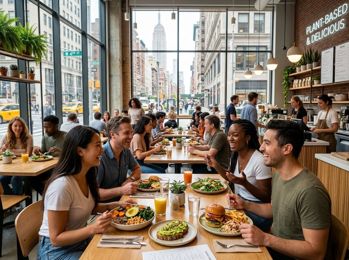 People enjoying fresh vegan meals together in a bright, modern restaurant with city views.