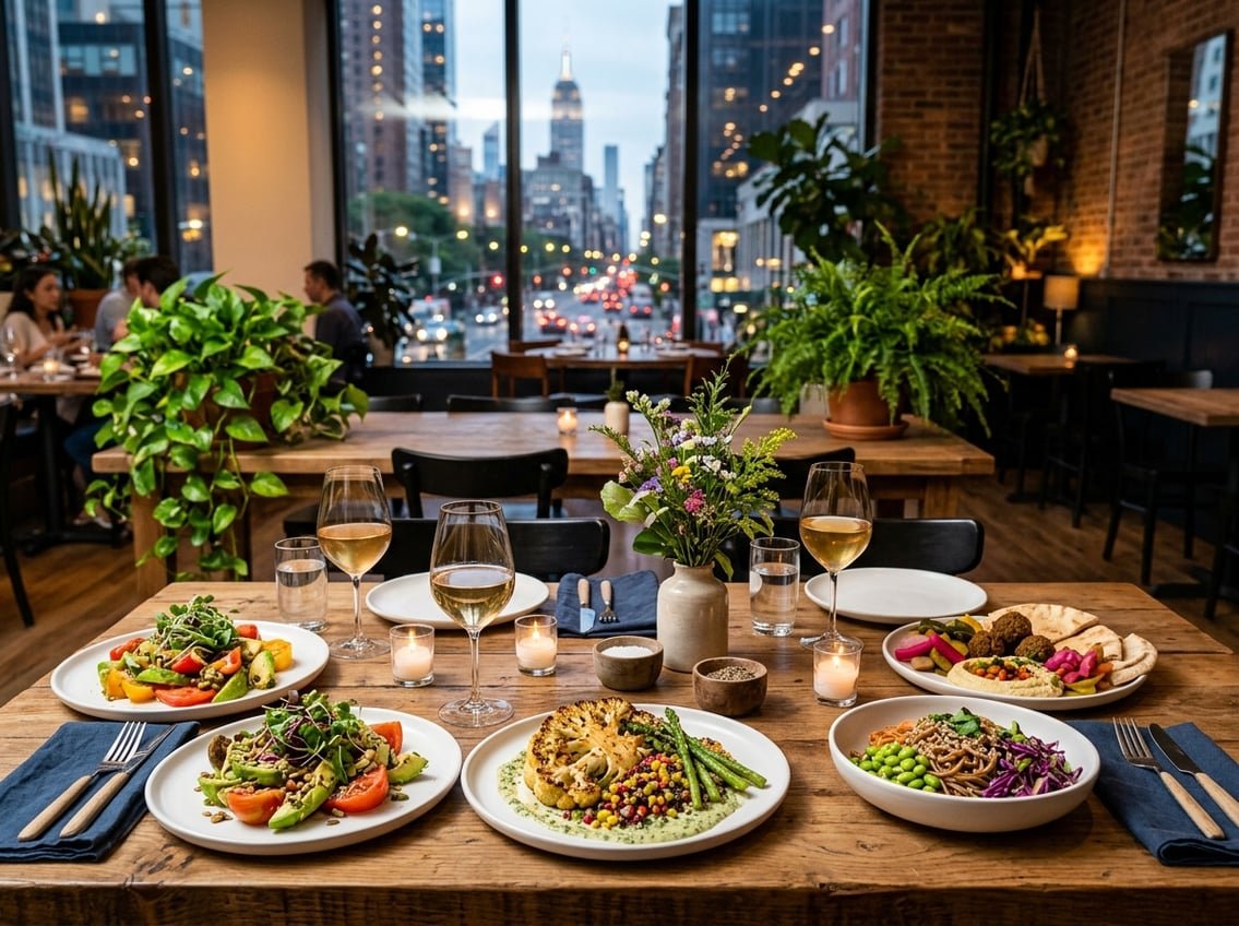 A table set with colorful vegan dishes in a stylish restaurant with plants and city views.