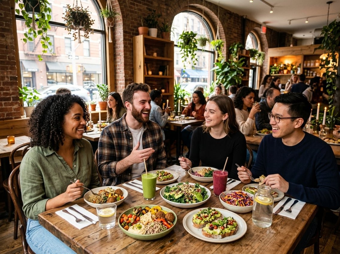 A group of people enjoying colorful vegan dishes at a modern restaurant table filled with fresh vegetables and smoothies.