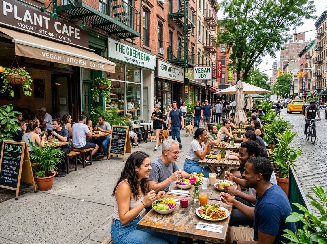 People enjoying plant-based meals at outdoor tables on a busy New York City street with vegan restaurants and greenery.