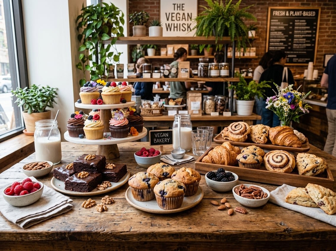 A table filled with a variety of vegan baked goods and desserts, including cupcakes, brownies, and pastries, with fresh fruit and plant-based milk in a cozy bakery setting.