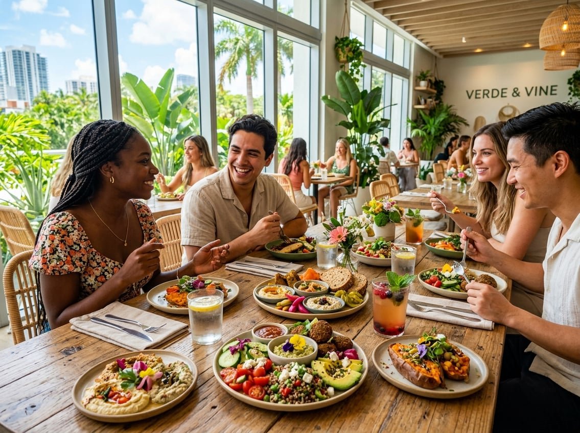 A bright restaurant scene with people enjoying colorful vegetarian dishes at a table surrounded by tropical plants and modern decor.