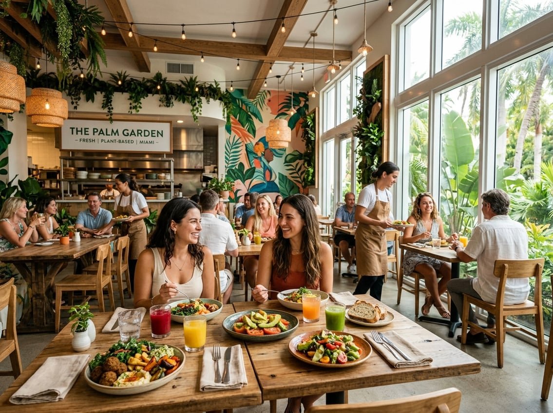 Interior of a bright vegetarian restaurant with fresh vegetable dishes on tables and people enjoying their meals.