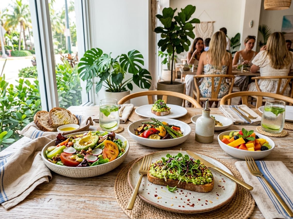 A table set with colorful vegetarian dishes in a bright, modern restaurant with tropical plants and natural light.