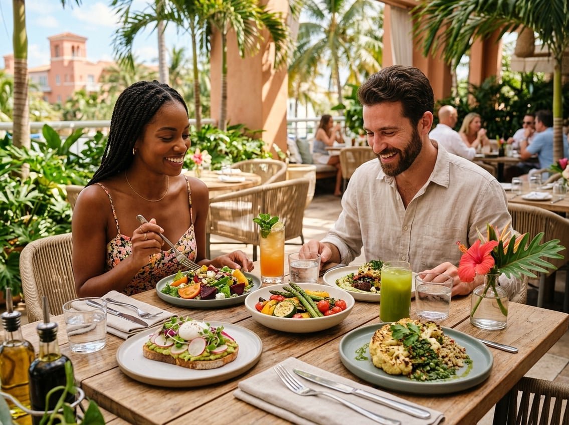 A table with an assortment of fresh vegetarian dishes set outdoors surrounded by tropical plants and soft sunlight.