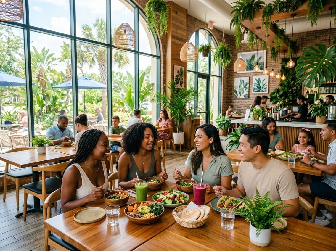 A modern vegan restaurant with people enjoying fresh plant-based meals at wooden tables surrounded by green plants and natural light.