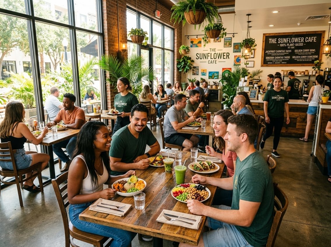 People enjoying colorful plant-based meals in a bright, modern vegan restaurant with natural light and green plants.