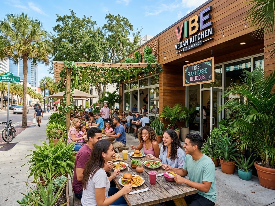 Exterior of a vegan restaurant in Orlando with people dining outdoors and plants around the entrance on a sunny day.