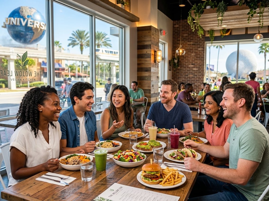 People enjoying a variety of colorful vegan dishes at a bright restaurant near Orlando attractions.