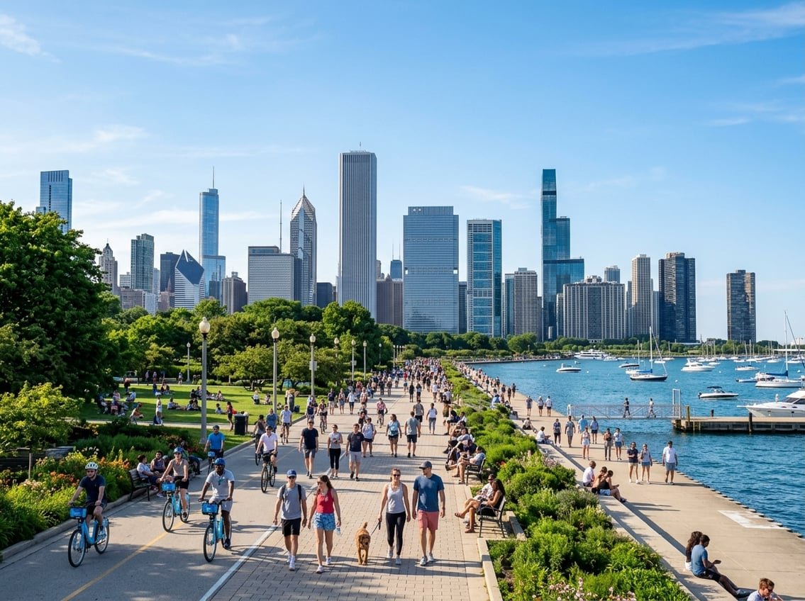 People enjoying a sunny day in a Chicago lakefront park with the city skyline and lake in the background.