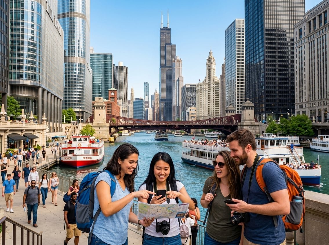 Tourists exploring downtown Chicago with skyscrapers and the Chicago River on a sunny day.