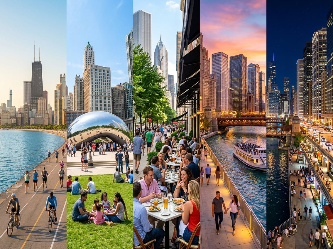 A panoramic view of Chicago cityscape from morning to night showing people jogging by the lake, visiting Millennium Park, dining at an outdoor café, and walking along the illuminated riverwalk with boats on the water.